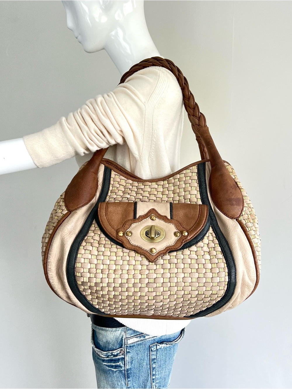 ISABELLA FIORE Multi Earth Tone Color Woven Leather Large Tote Shoulder Bag